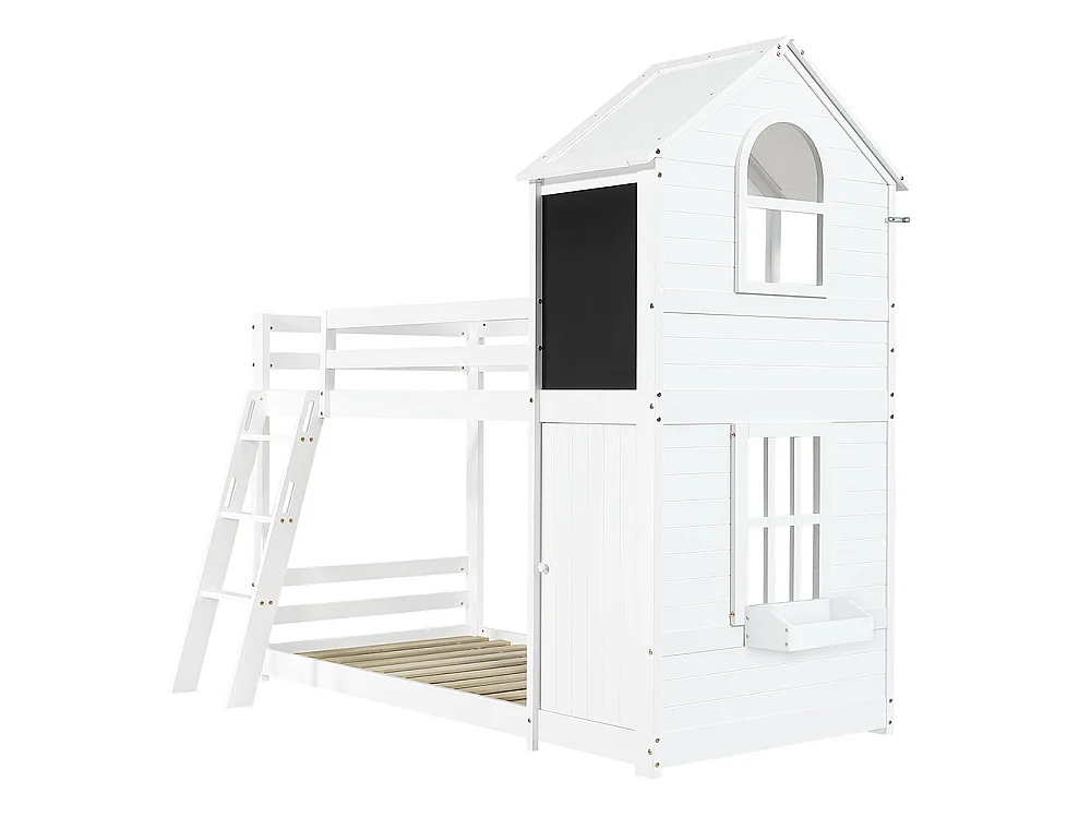Lit superposé cabane pour enfant 90 x 200 cm - avec petite porte - tableau noir - fenêtre - échelle - bois massif - blanc