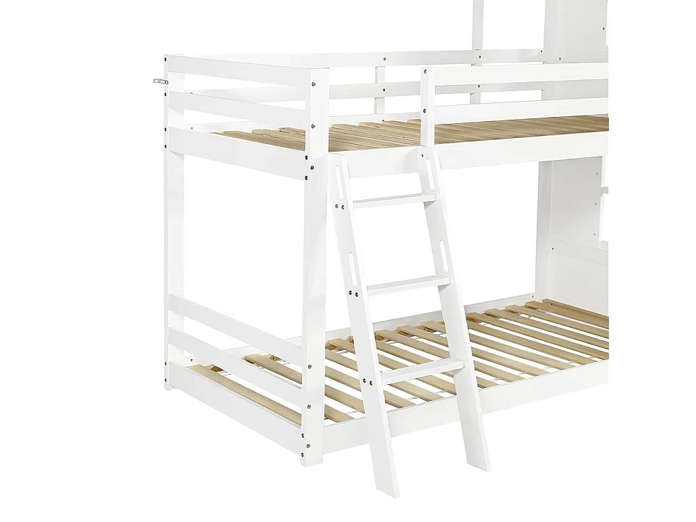 Lit superposé cabane pour enfant 90 x 200 cm - avec petite porte - tableau noir - fenêtre - échelle - bois massif - blanc