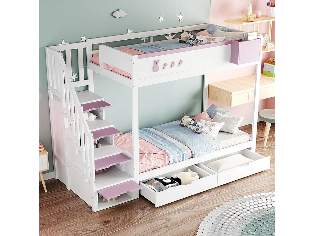 Lit superposé enfant 90x200 cm - compartiment de rangement amovible - échelle de sécurité - tiroirs - sommier à lattes - blanc + rose