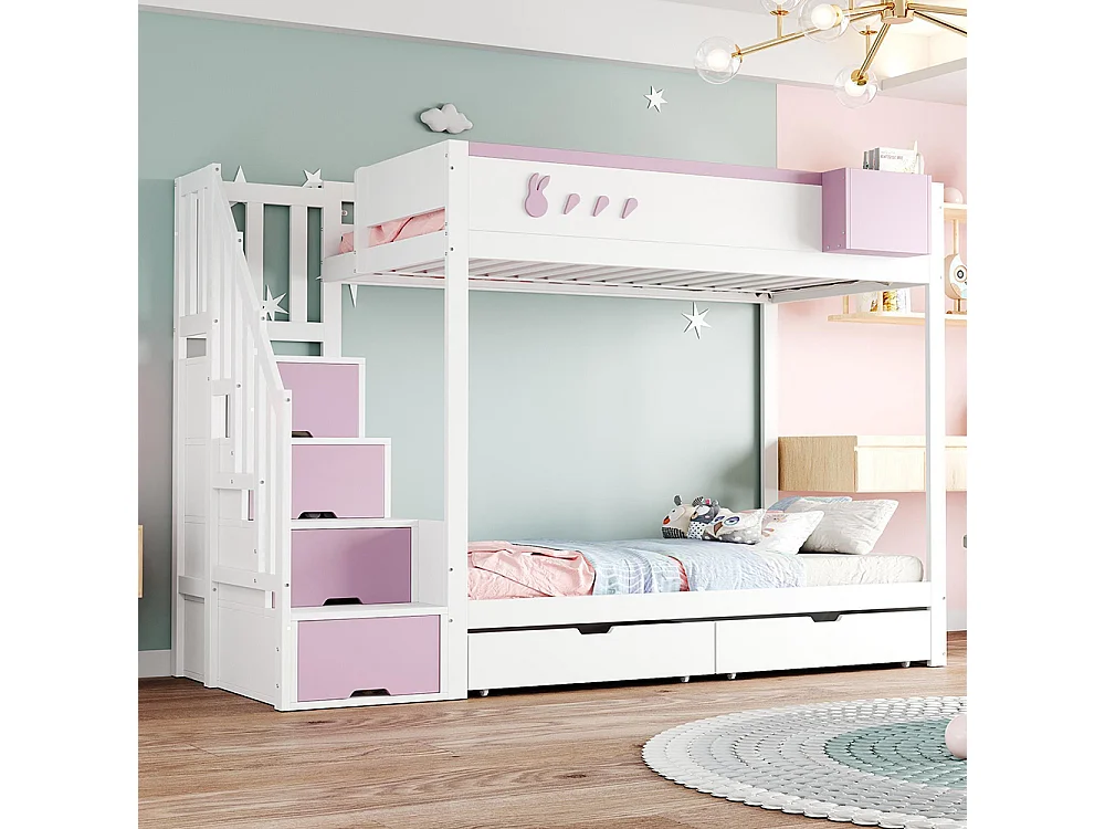Lit superposé enfant 90x200 cm - compartiment de rangement amovible - échelle de sécurité - tiroirs - sommier à lattes - blanc + rose