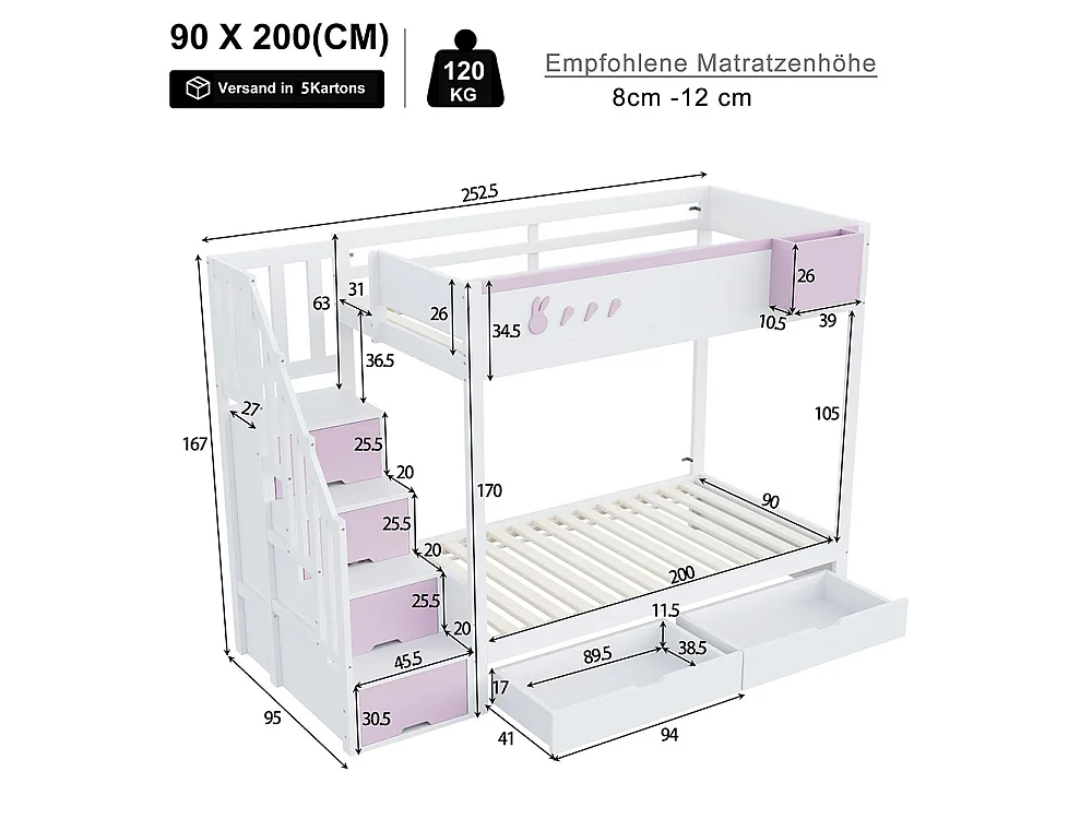 Lit superposé enfant 90x200 cm - compartiment de rangement amovible - échelle de sécurité - tiroirs - sommier à lattes - blanc + rose