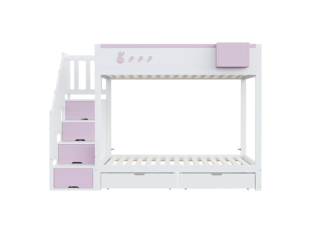 Lit superposé enfant 90x200 cm - compartiment de rangement amovible - échelle de sécurité - tiroirs - sommier à lattes - blanc + rose