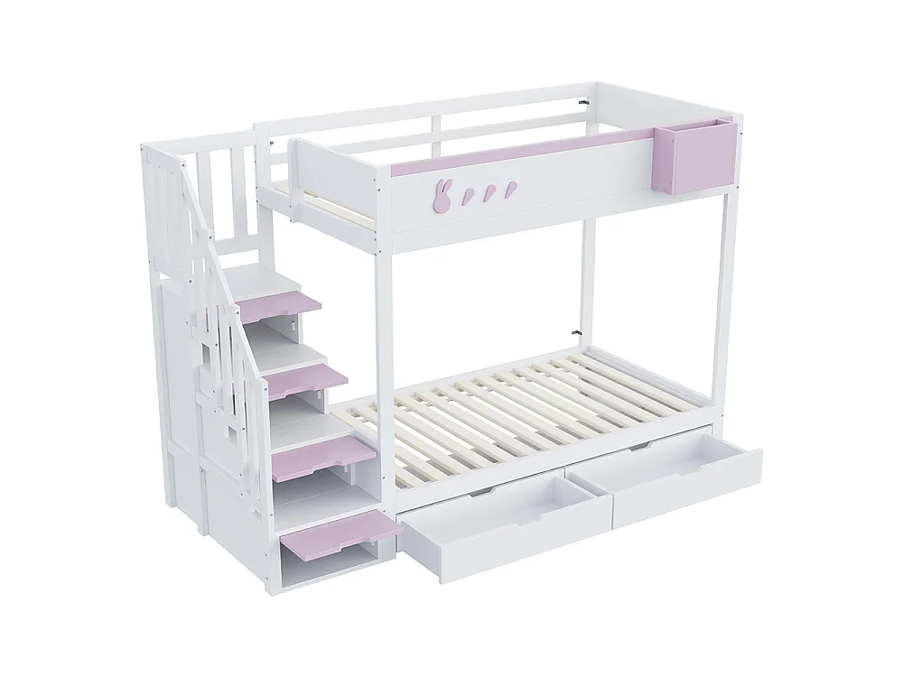 Lit superposé enfant 90x200 cm - compartiment de rangement amovible - échelle de sécurité - tiroirs - sommier à lattes - blanc + rose