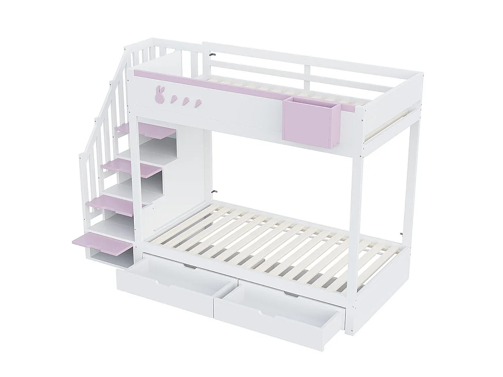 Lit superposé enfant 90x200 cm - compartiment de rangement amovible - échelle de sécurité - tiroirs - sommier à lattes - blanc + rose
