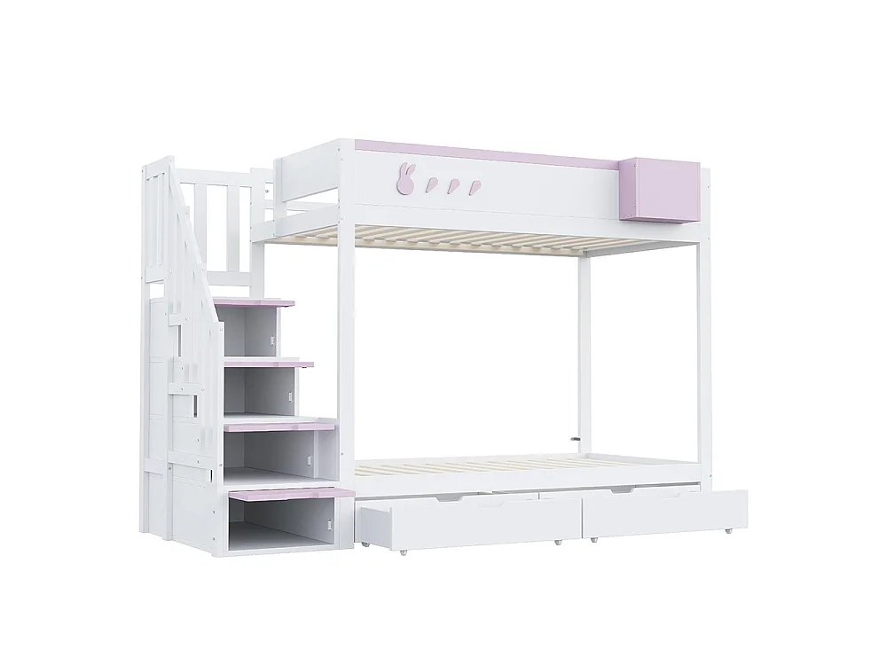 Lit superposé enfant 90x200 cm - compartiment de rangement amovible - échelle de sécurité - tiroirs - sommier à lattes - blanc + rose