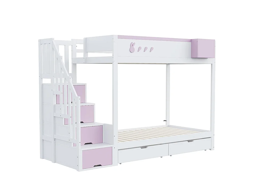 Lit superposé enfant 90x200 cm - compartiment de rangement amovible - échelle de sécurité - tiroirs - sommier à lattes - blanc + rose