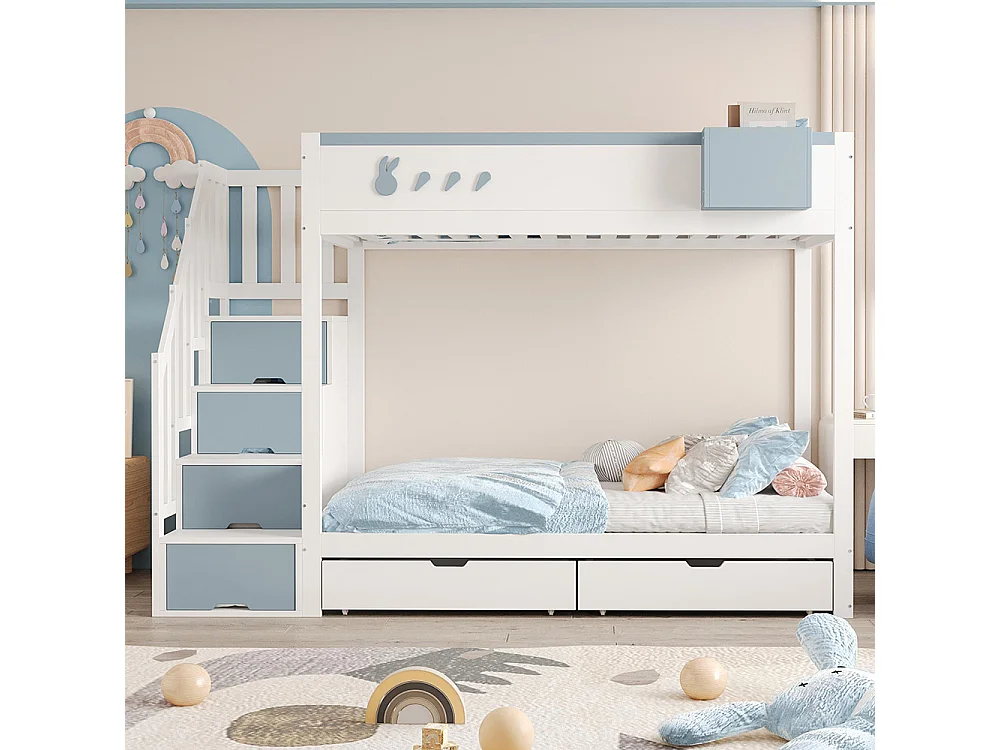 Lit superposé enfant 90x200 cm - compartiment de rangement amovible - échelle de sécurité - tiroirs - sommier à lattes - blanc + bleu