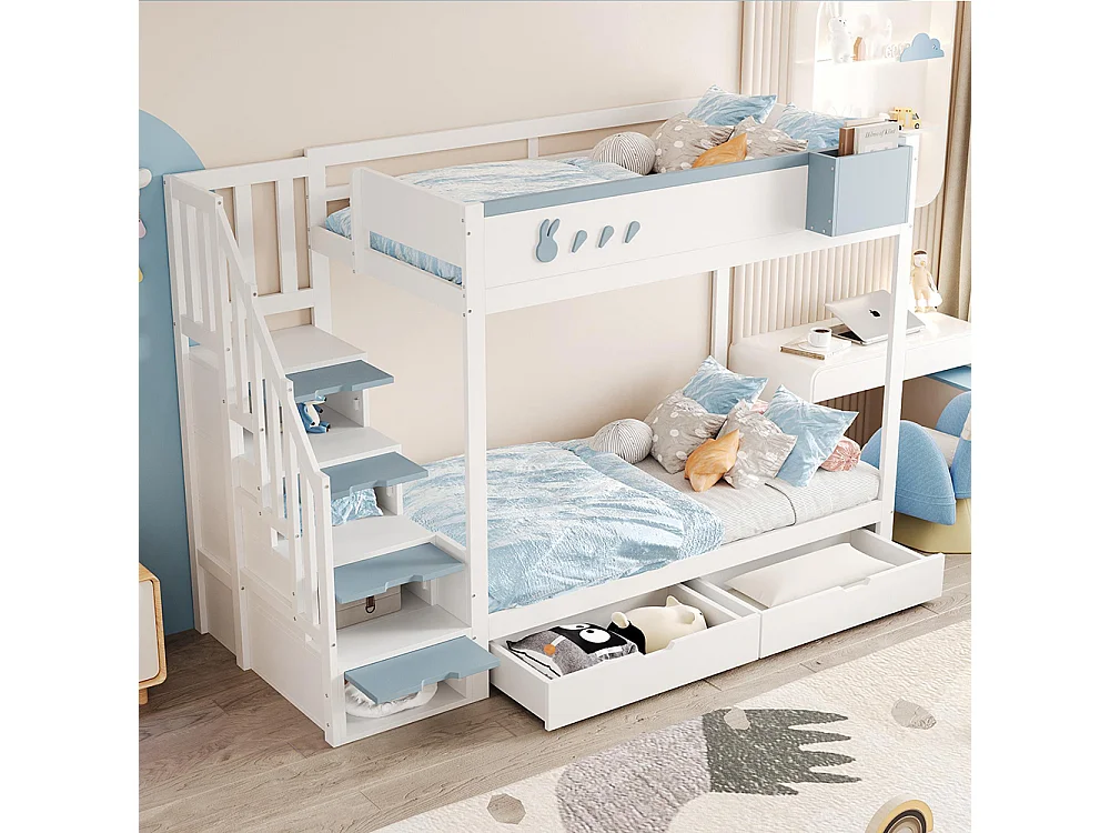 Lit superposé enfant 90x200 cm - compartiment de rangement amovible - échelle de sécurité - tiroirs - sommier à lattes - blanc + bleu