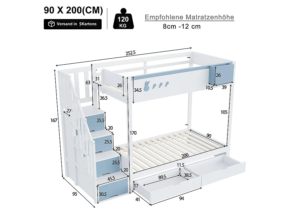 Lit superposé enfant 90x200 cm - compartiment de rangement amovible - échelle de sécurité - tiroirs - sommier à lattes - blanc + bleu