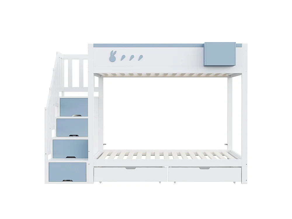 Lit superposé enfant 90x200 cm - compartiment de rangement amovible - échelle de sécurité - tiroirs - sommier à lattes - blanc + bleu
