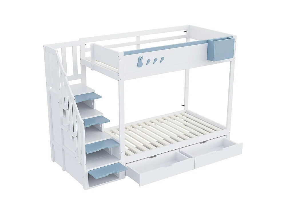 Lit superposé enfant 90x200 cm - compartiment de rangement amovible - échelle de sécurité - tiroirs - sommier à lattes - blanc + bleu