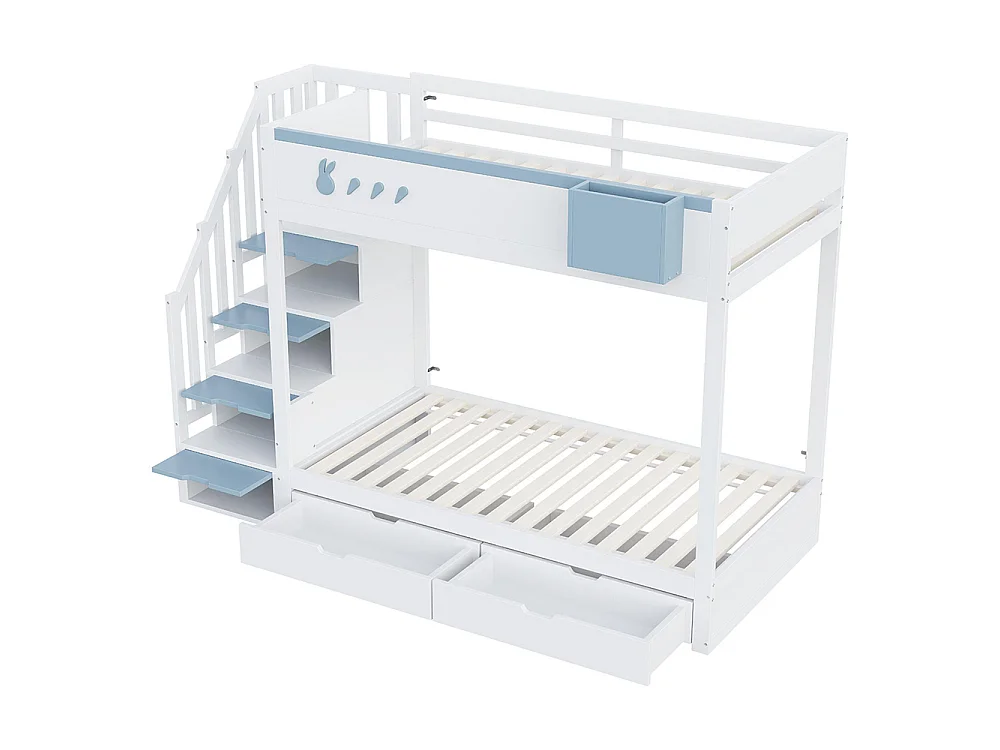Lit superposé enfant 90x200 cm - compartiment de rangement amovible - échelle de sécurité - tiroirs - sommier à lattes - blanc + bleu