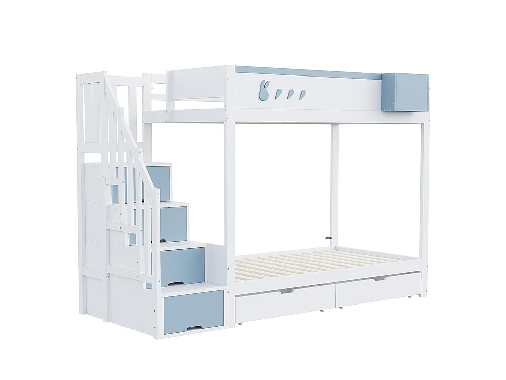 Lit superposé enfant 90x200 cm - compartiment de rangement amovible - échelle de sécurité - tiroirs - sommier à lattes - blanc + bleu
