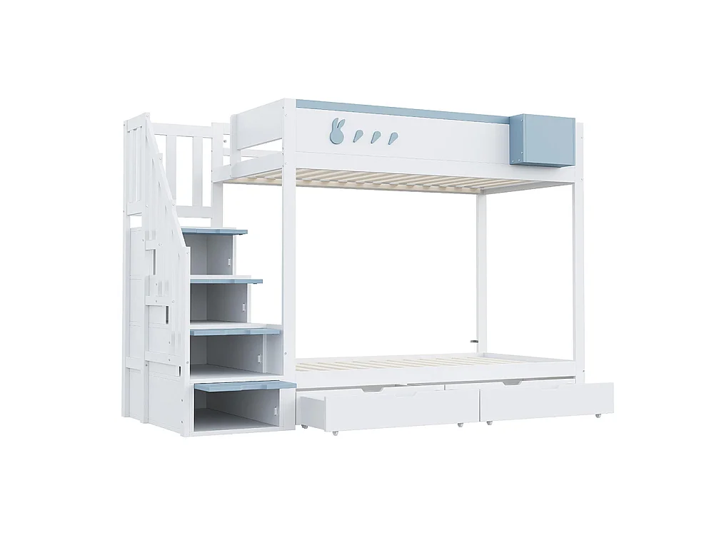 Lit superposé enfant 90x200 cm - compartiment de rangement amovible - échelle de sécurité - tiroirs - sommier à lattes - blanc + bleu
