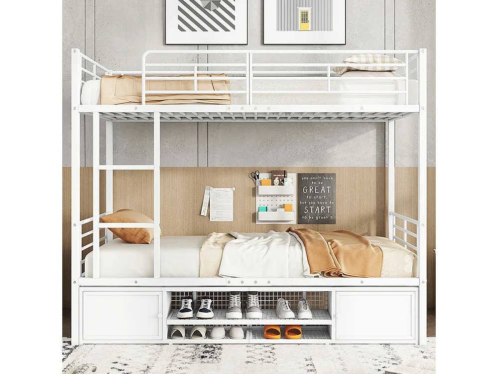 Lit superposé enfant 2 places en métal 90 x 200 cm - Armoire à chaussures - Échelle à trois marches - Blanc