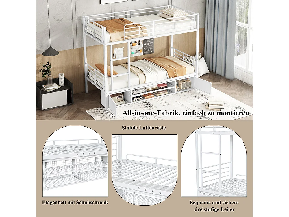 Lit superposé enfant 2 places en métal 90 x 200 cm - Armoire à chaussures - Échelle à trois marches - Blanc