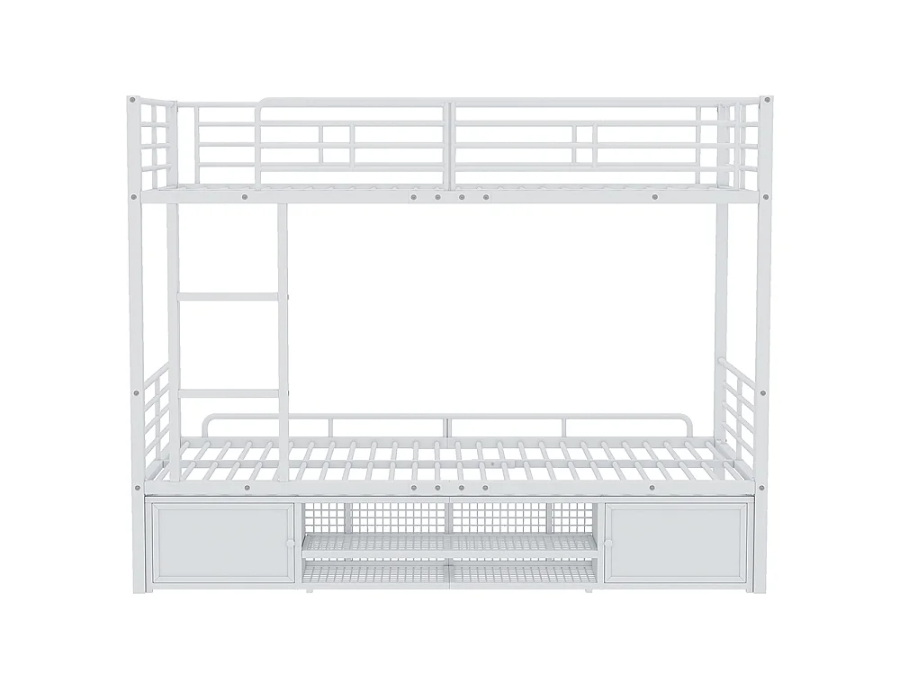 Lit superposé enfant 2 places en métal 90 x 200 cm - Armoire à chaussures - Échelle à trois marches - Blanc