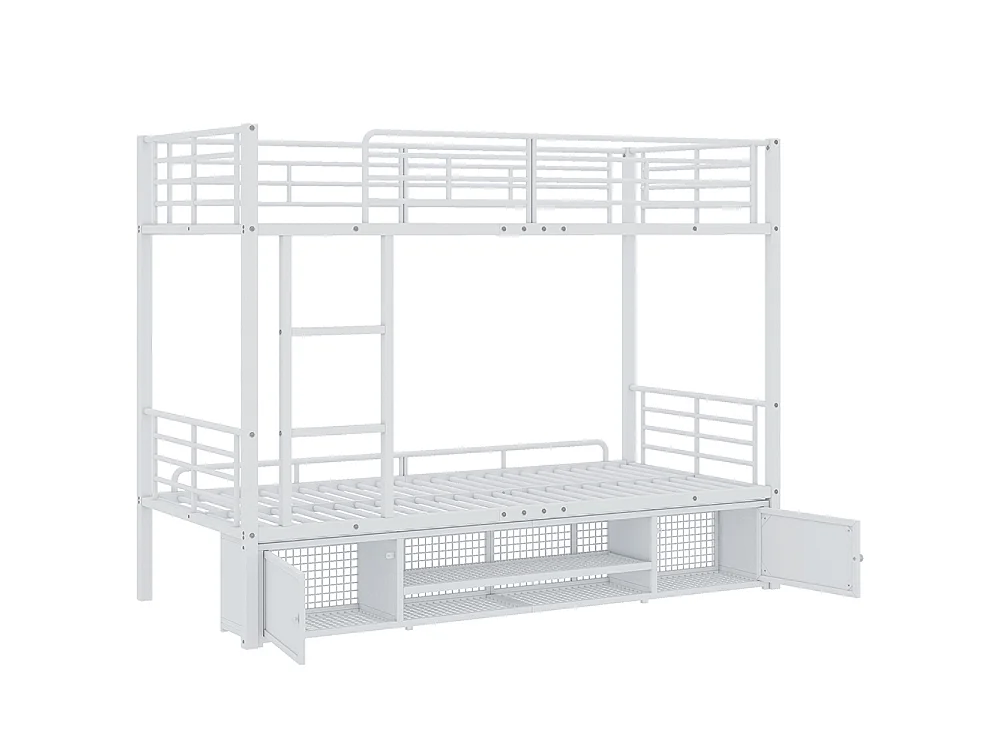 Lit superposé enfant 2 places en métal 90 x 200 cm - Armoire à chaussures - Échelle à trois marches - Blanc