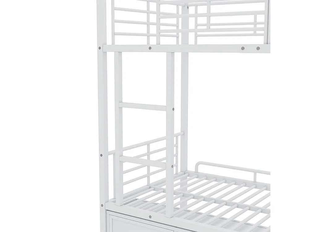 Lit superposé enfant 2 places en métal 90 x 200 cm - Armoire à chaussures - Échelle à trois marches - Blanc