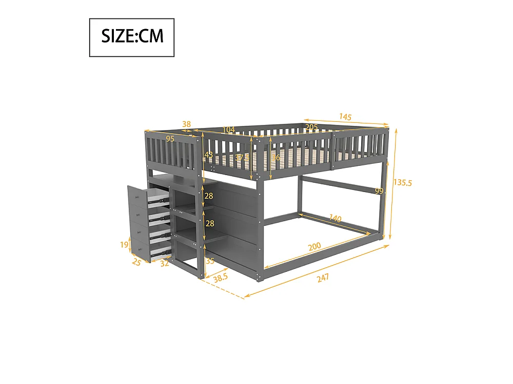 Lit superposé enfant 140 x 200 cm - 4 tiroirs de rangement - Bois massif - Barrières hautes - Gris