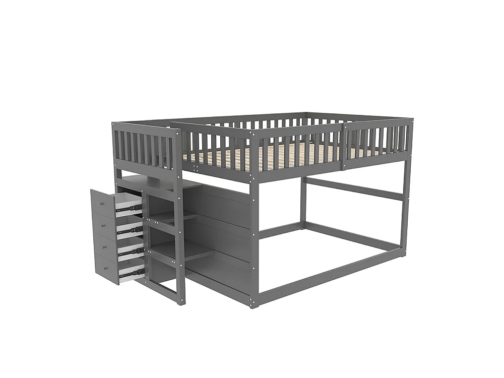 Lit superposé enfant 140 x 200 cm - 4 tiroirs de rangement - Bois massif - Barrières hautes - Gris