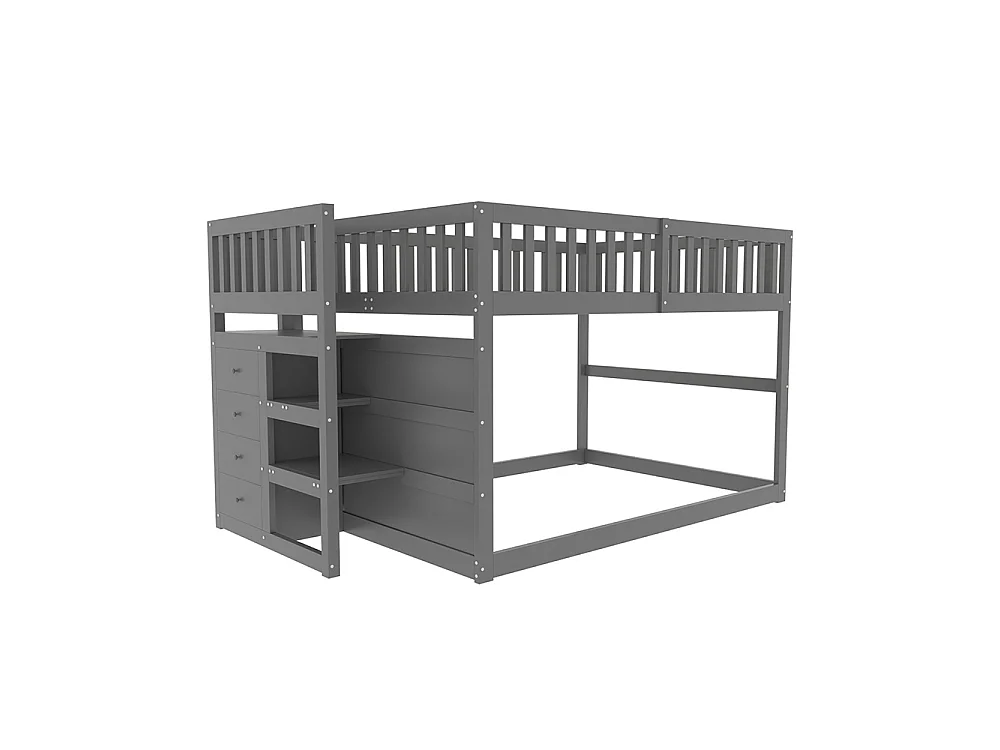 Lit superposé enfant 140 x 200 cm - 4 tiroirs de rangement - Bois massif - Barrières hautes - Gris