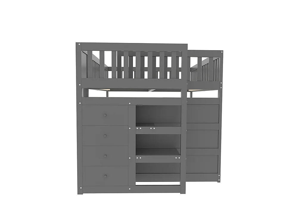 Lit superposé enfant 140 x 200 cm - 4 tiroirs de rangement - Bois massif - Barrières hautes - Gris