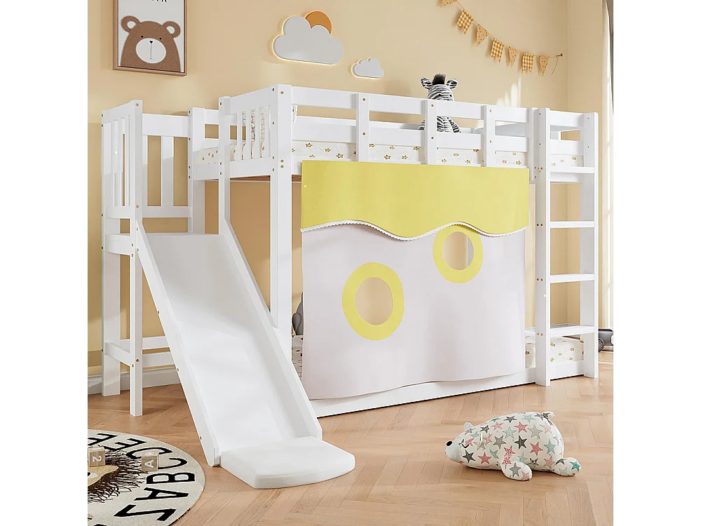 Lit superposé enfant 90 x 200 cm - avec toboggan et barrière de sécurité - Rideau de lit - Bois de pin - Sommier à lattes - Blanc