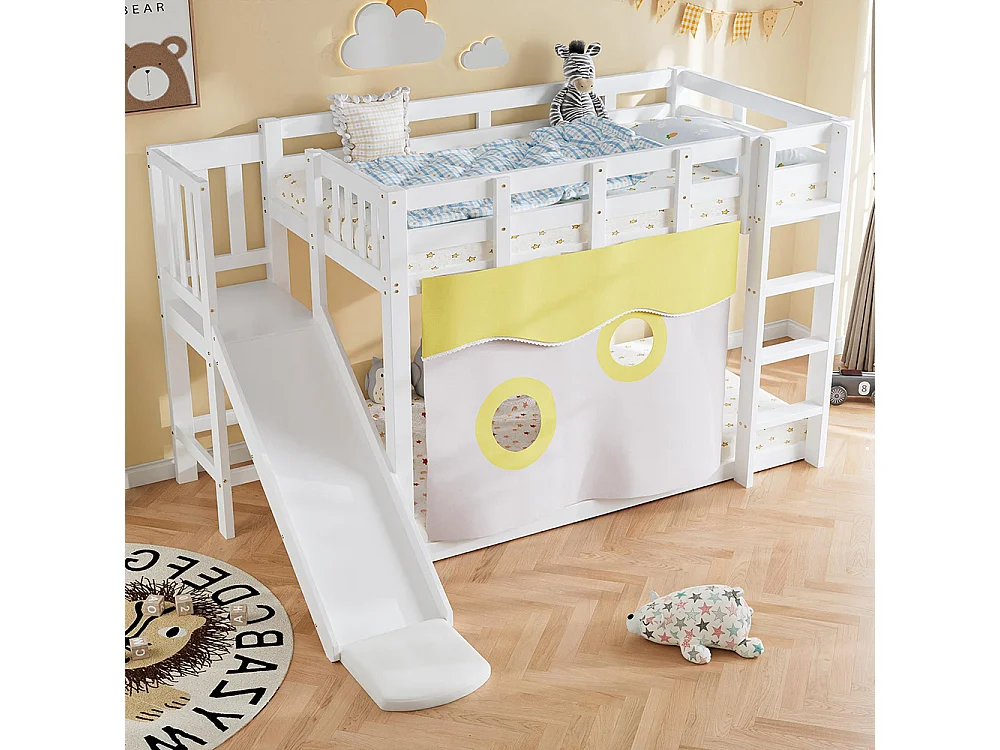 Lit superposé enfant 90 x 200 cm - avec toboggan et barrière de sécurité - Rideau de lit - Bois de pin - Sommier à lattes - Blanc