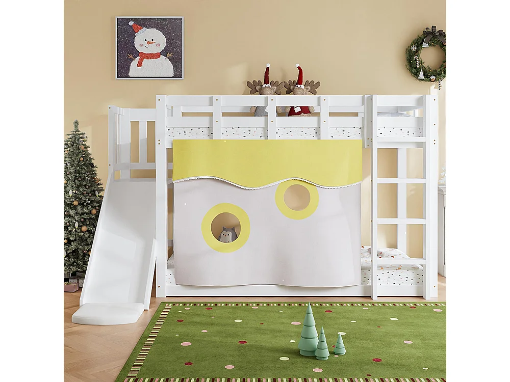 Lit superposé enfant 90 x 200 cm - avec toboggan et barrière de sécurité - Rideau de lit - Bois de pin - Sommier à lattes - Blanc