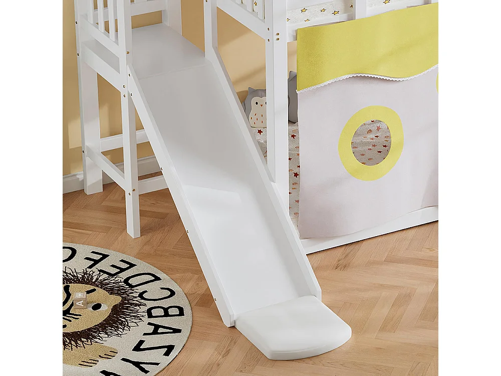 Lit superposé enfant 90 x 200 cm - avec toboggan et barrière de sécurité - Rideau de lit - Bois de pin - Sommier à lattes - Blanc