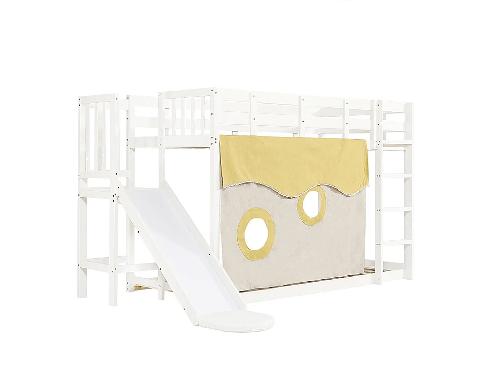 Lit superposé enfant 90 x 200 cm - avec toboggan et barrière de sécurité - Rideau de lit - Bois de pin - Sommier à lattes - Blanc