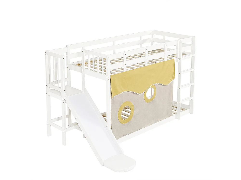 Lit superposé enfant 90 x 200 cm - avec toboggan et barrière de sécurité - Rideau de lit - Bois de pin - Sommier à lattes - Blanc