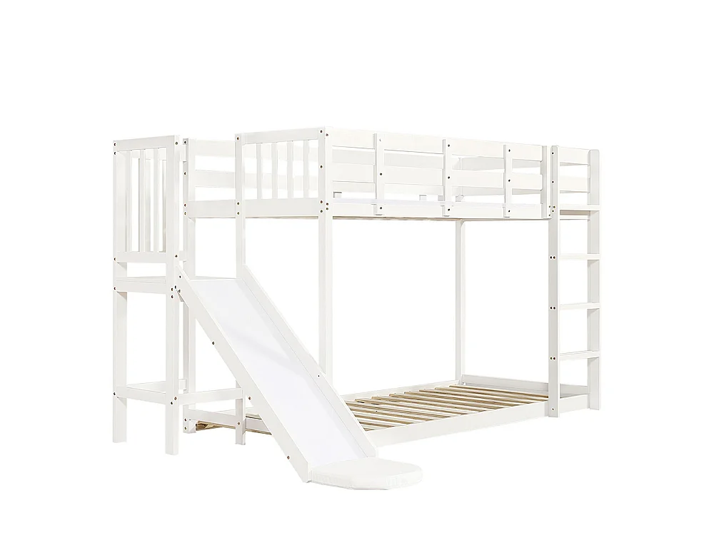 Lit superposé enfant 90 x 200 cm - avec toboggan et barrière de sécurité - Rideau de lit - Bois de pin - Sommier à lattes - Blanc