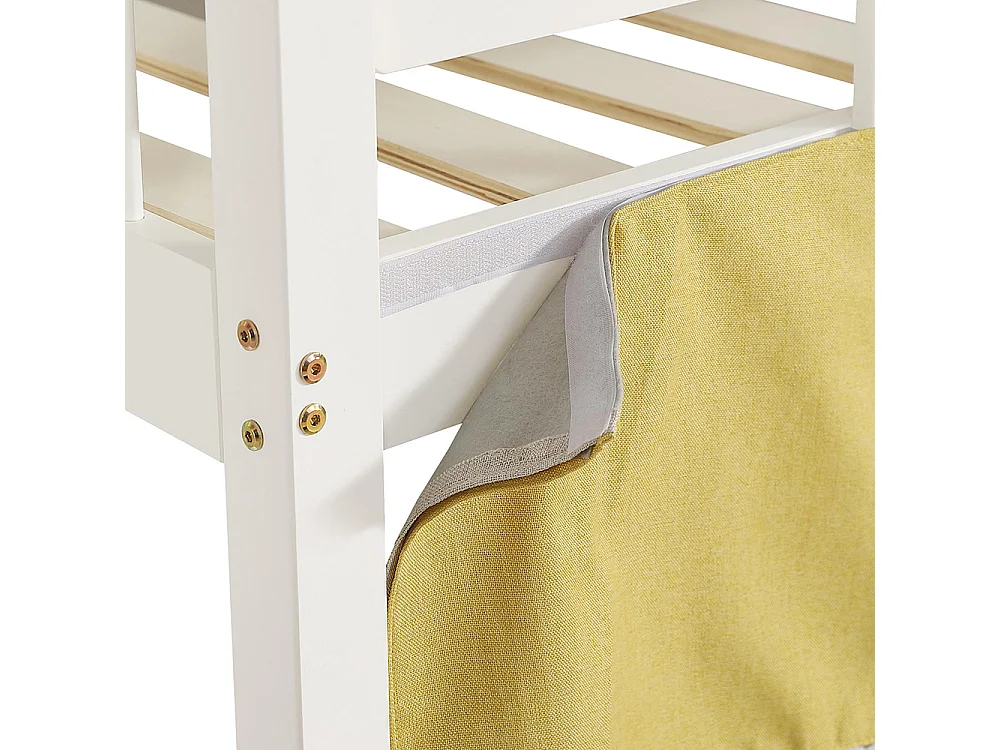 Lit superposé enfant 90 x 200 cm - avec toboggan et barrière de sécurité - Rideau de lit - Bois de pin - Sommier à lattes - Blanc