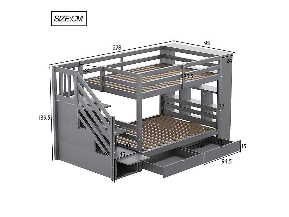 Lit superposé enfant 90x200 cm avec 2 tiroirs - Escalier de rangement - Étagères ouvertes - Barrière haute - Sommier à lattes - Gris