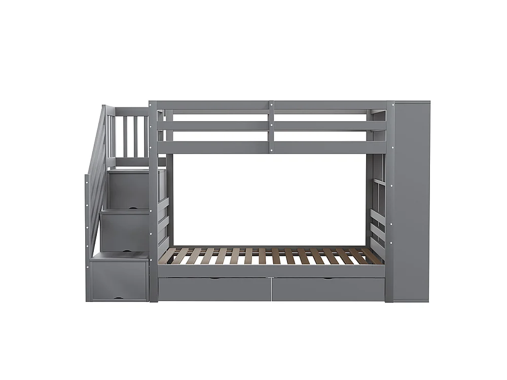 Lit superposé enfant 90x200 cm avec 2 tiroirs - Escalier de rangement - Étagères ouvertes - Barrière haute - Sommier à lattes - Gris