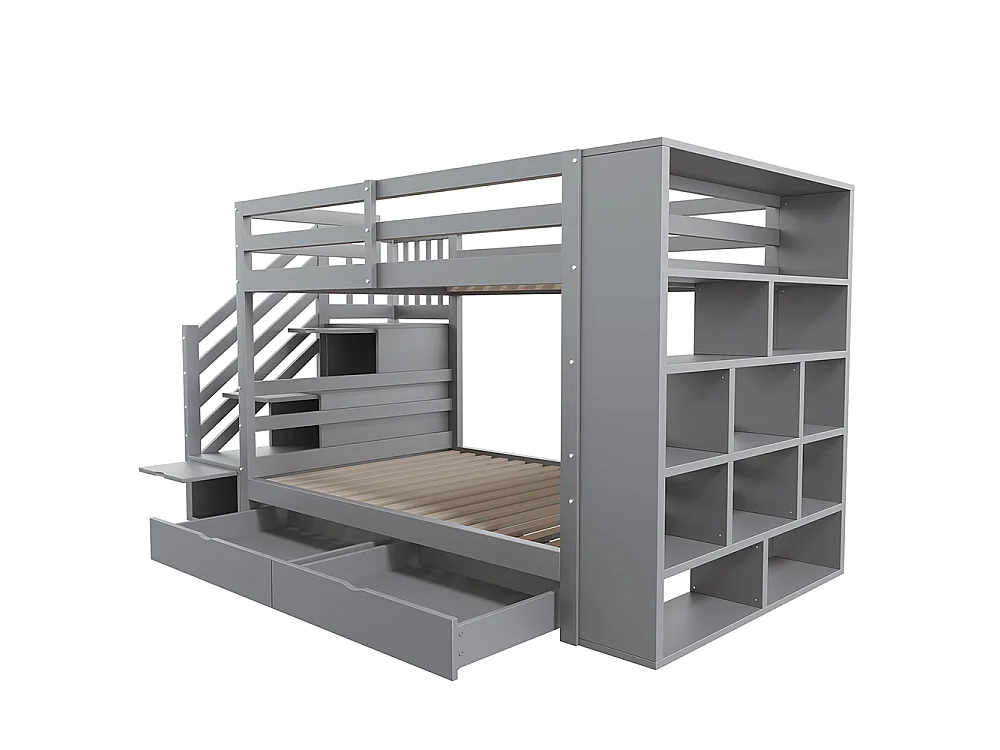 Lit superposé enfant 90x200 cm avec 2 tiroirs - Escalier de rangement - Étagères ouvertes - Barrière haute - Sommier à lattes - Gris