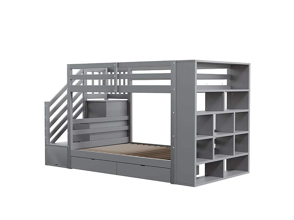 Lit superposé enfant 90x200 cm avec 2 tiroirs - Escalier de rangement - Étagères ouvertes - Barrière haute - Sommier à lattes - Gris