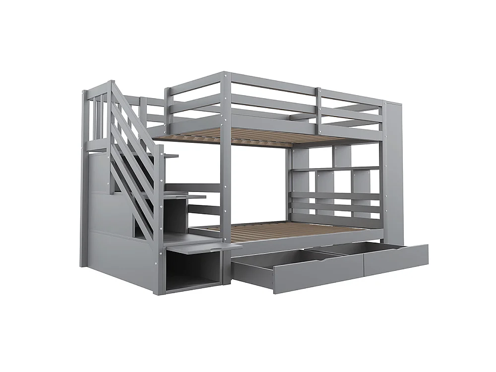 Lit superposé enfant 90x200 cm avec 2 tiroirs - Escalier de rangement - Étagères ouvertes - Barrière haute - Sommier à lattes - Gris