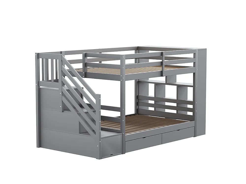 Lit superposé enfant 90x200 cm avec 2 tiroirs - Escalier de rangement - Étagères ouvertes - Barrière haute - Sommier à lattes - Gris