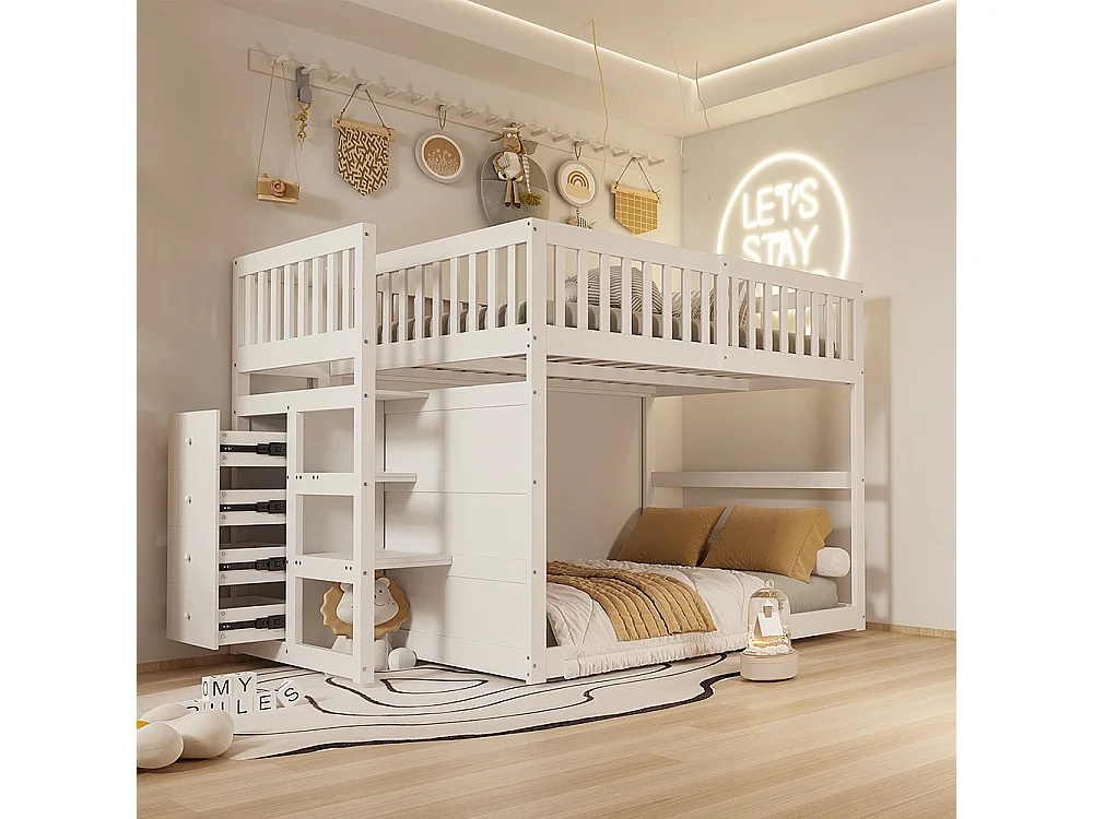 Lit superposé enfant 140 x 200 cm - 4 tiroirs de rangement - Bois massif - Barrières hautes - Blanc