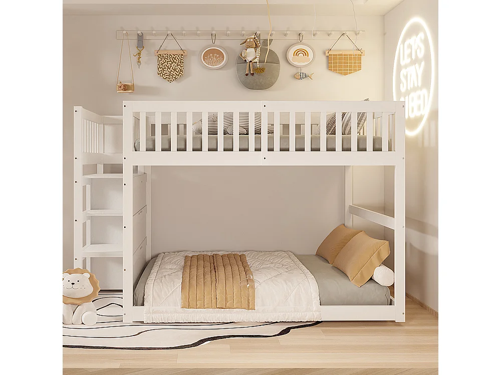 Lit superposé enfant 140 x 200 cm - 4 tiroirs de rangement - Bois massif - Barrières hautes - Blanc