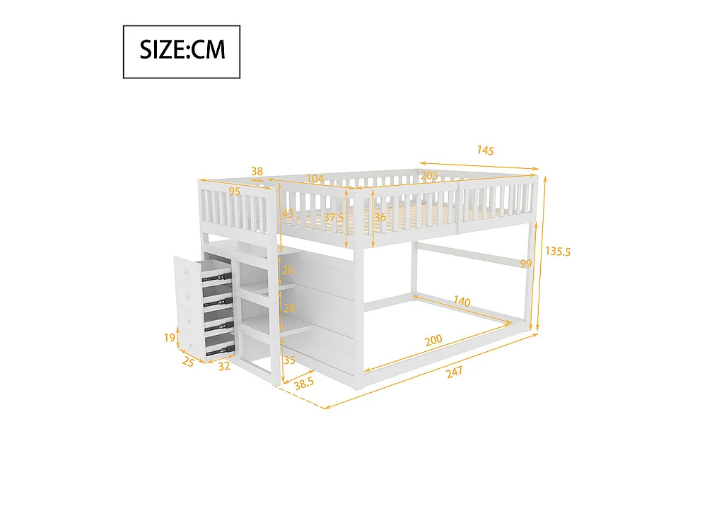 Lit superposé enfant 140 x 200 cm - 4 tiroirs de rangement - Bois massif - Barrières hautes - Blanc