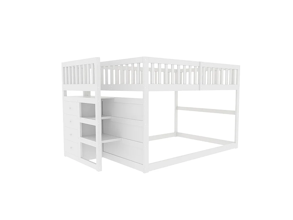 Lit superposé enfant 140 x 200 cm - 4 tiroirs de rangement - Bois massif - Barrières hautes - Blanc
