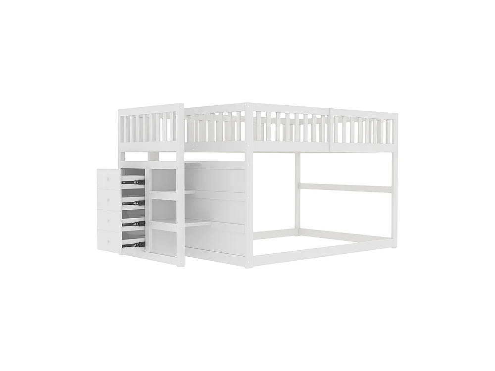 Lit superposé enfant 140 x 200 cm - 4 tiroirs de rangement - Bois massif - Barrières hautes - Blanc