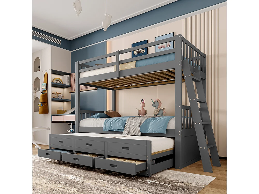 Lit superposé enfant 90x200 cm avec lit gigogne - 3 tiroirs - échelle - peut être divisé en Deux Lit simple - Bois massif - Gris