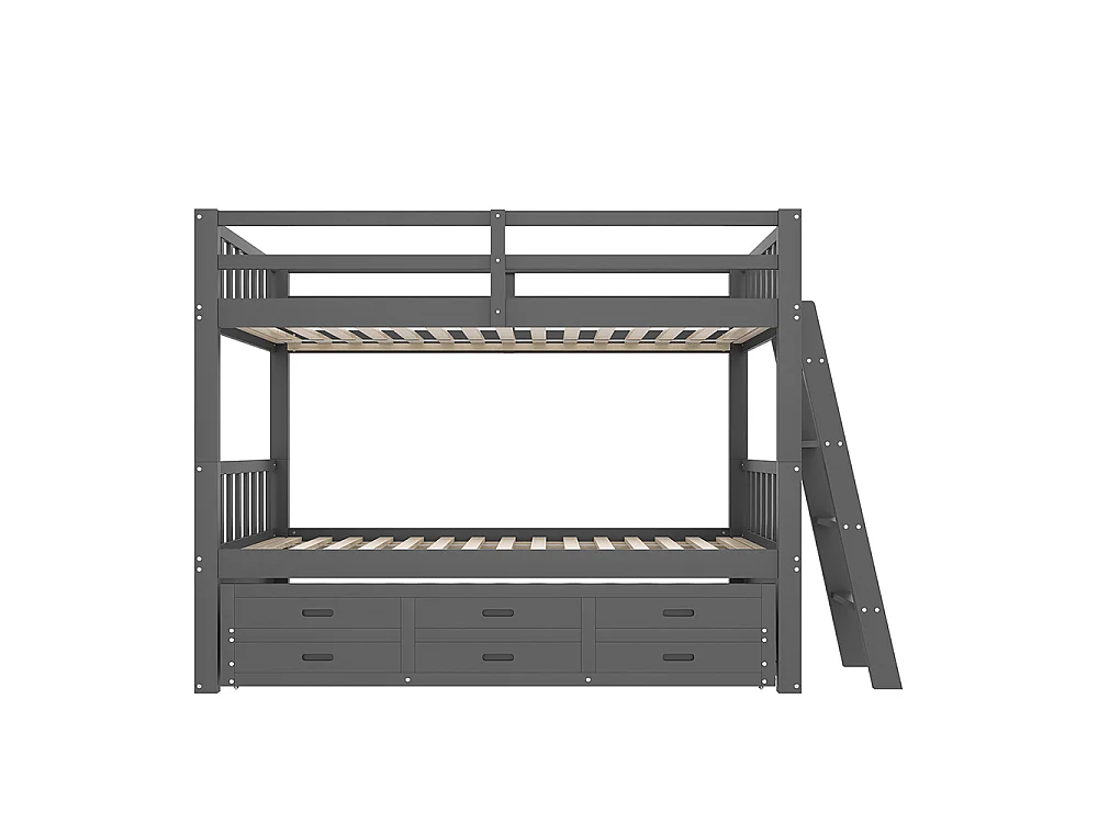 Lit superposé enfant 90x200 cm avec lit gigogne - 3 tiroirs - échelle - peut être divisé en Deux Lit simple - Bois massif - Gris