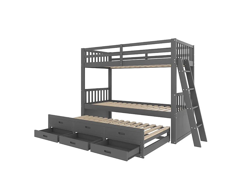 Lit superposé enfant 90x200 cm avec lit gigogne - 3 tiroirs - échelle - peut être divisé en Deux Lit simple - Bois massif - Gris