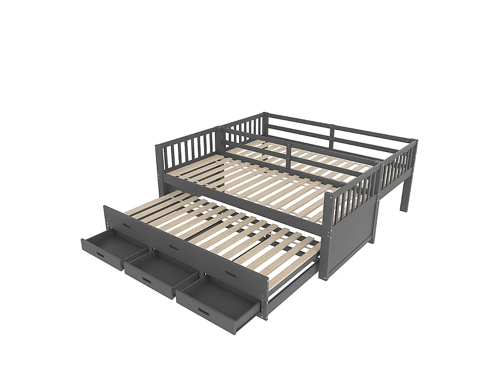 Lit superposé enfant 90x200 cm avec lit gigogne - 3 tiroirs - échelle - peut être divisé en Deux Lit simple - Bois massif - Gris